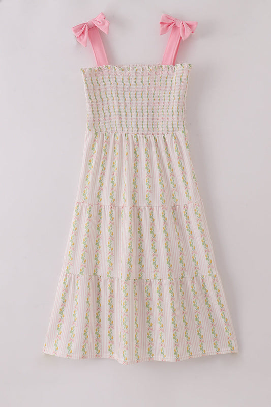 Pink lemon print bow smocked tiered mom&me dress