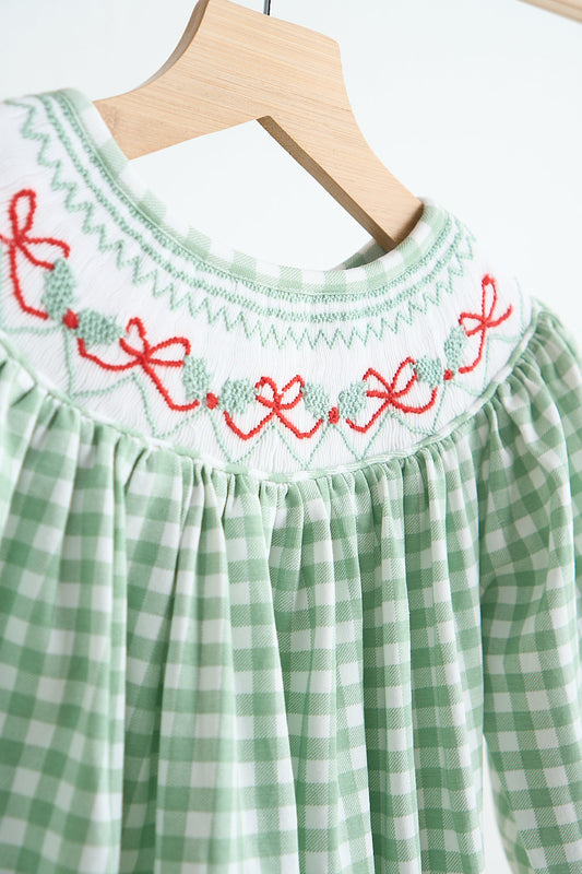 Green bow tie hand smocked gingham girl bubble