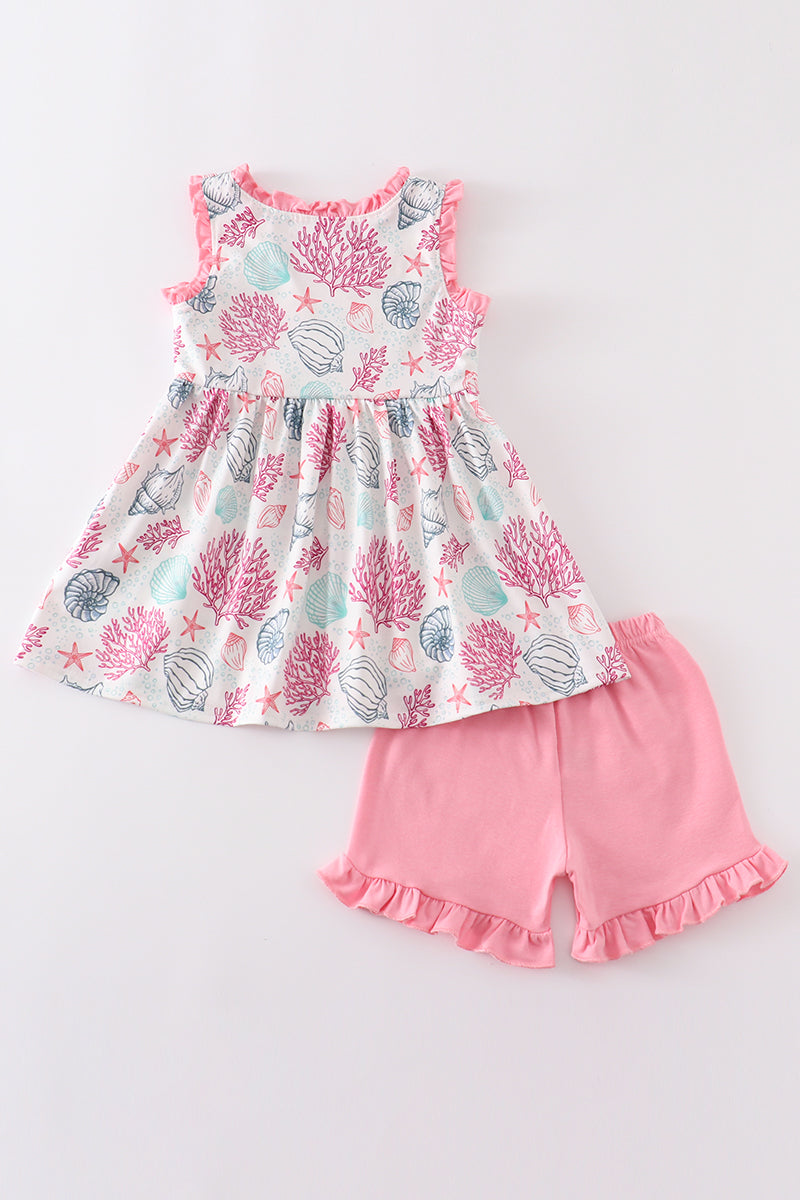 Pink shell embroidery girl set
