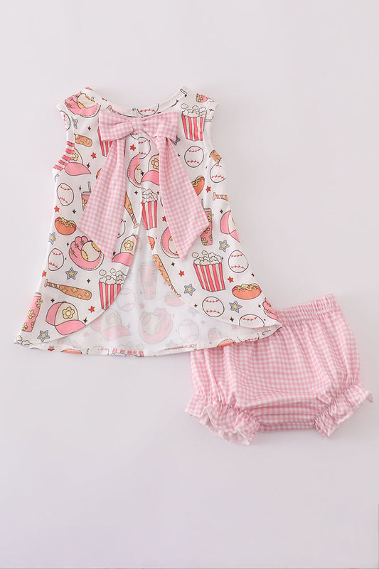 Pink baseball print gingham bloomer set