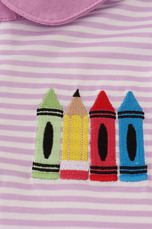 Purple stripe crayon applique ruffle button down dress