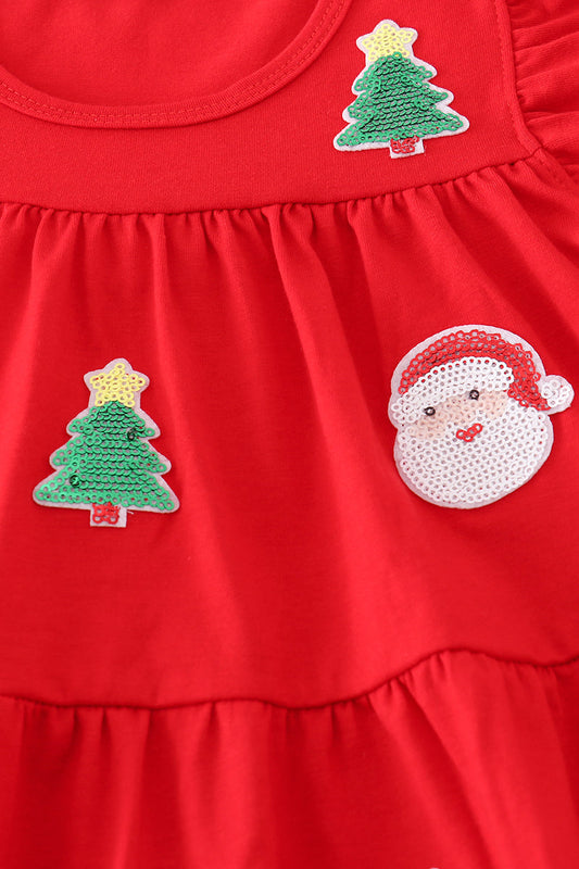 Red tree santa claus sequin tiered ruffle dress