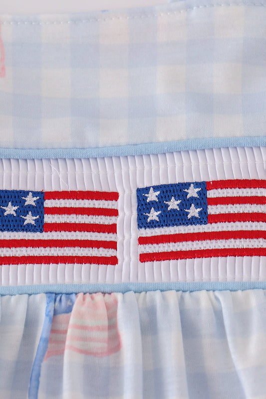 Blue flag embroidery smocked shorts set