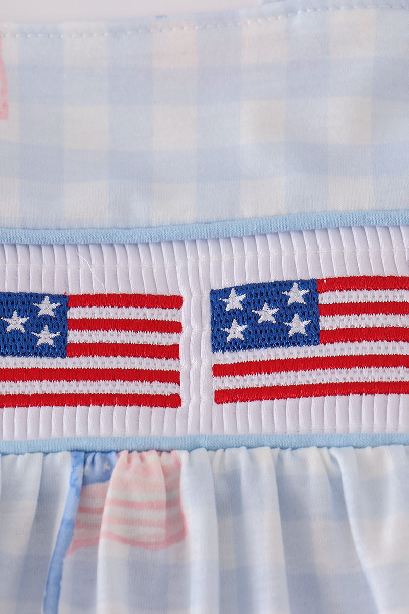 Blue flag embroidery smocked gingham dress