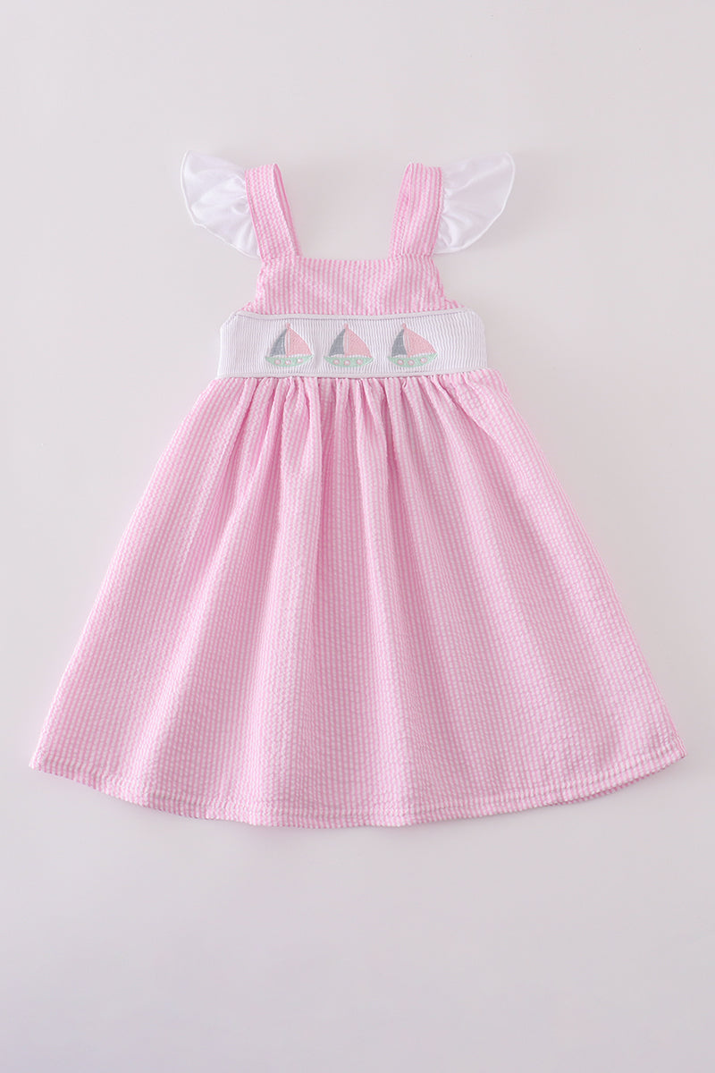 Pink stripe seersucker sailboat embroidery smocked dress