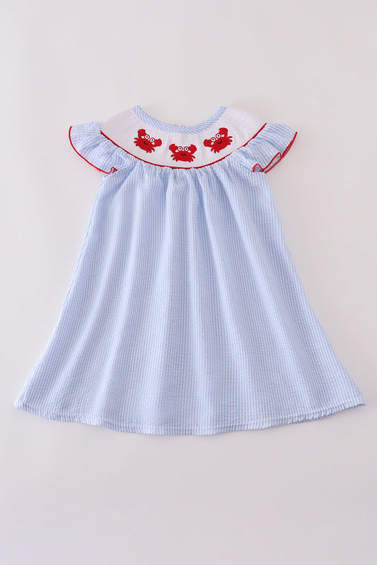 Blue seersucker crab embroidery smocked dress