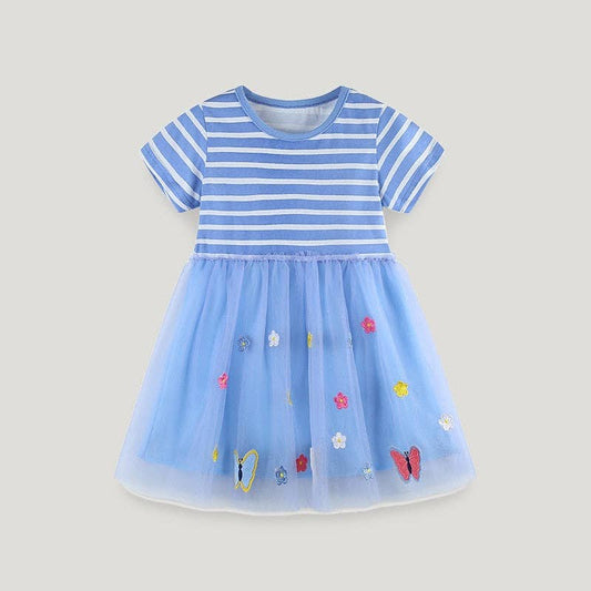 Summer Striped Applique Short Sleeves Blue Tulle Dress
