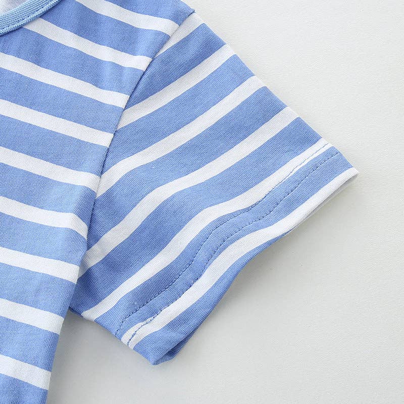 Summer Striped Applique Short Sleeves Blue Tulle Dress