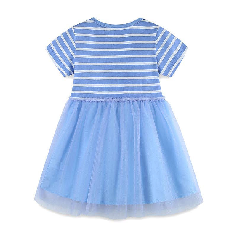 Summer Striped Applique Short Sleeves Blue Tulle Dress