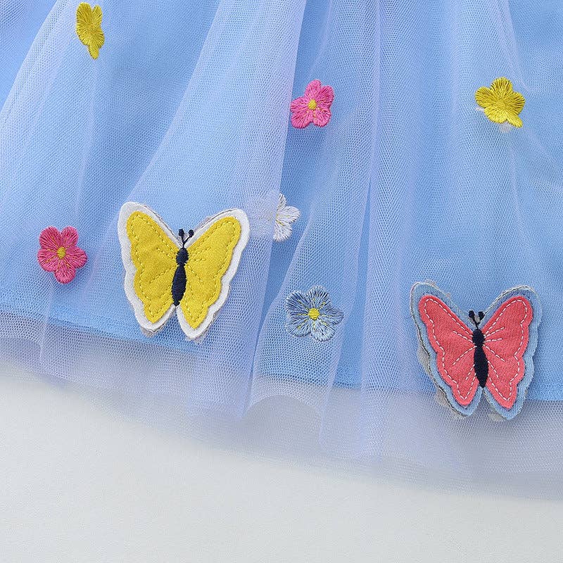 Summer Striped Applique Short Sleeves Blue Tulle Dress