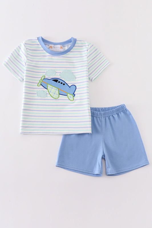 Blue plane applique stripe boy set