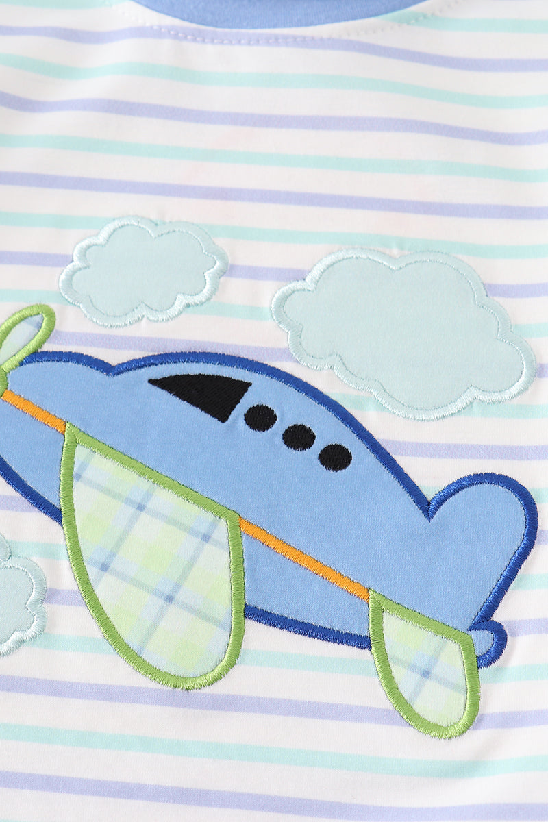 Blue plane applique stripe boy set