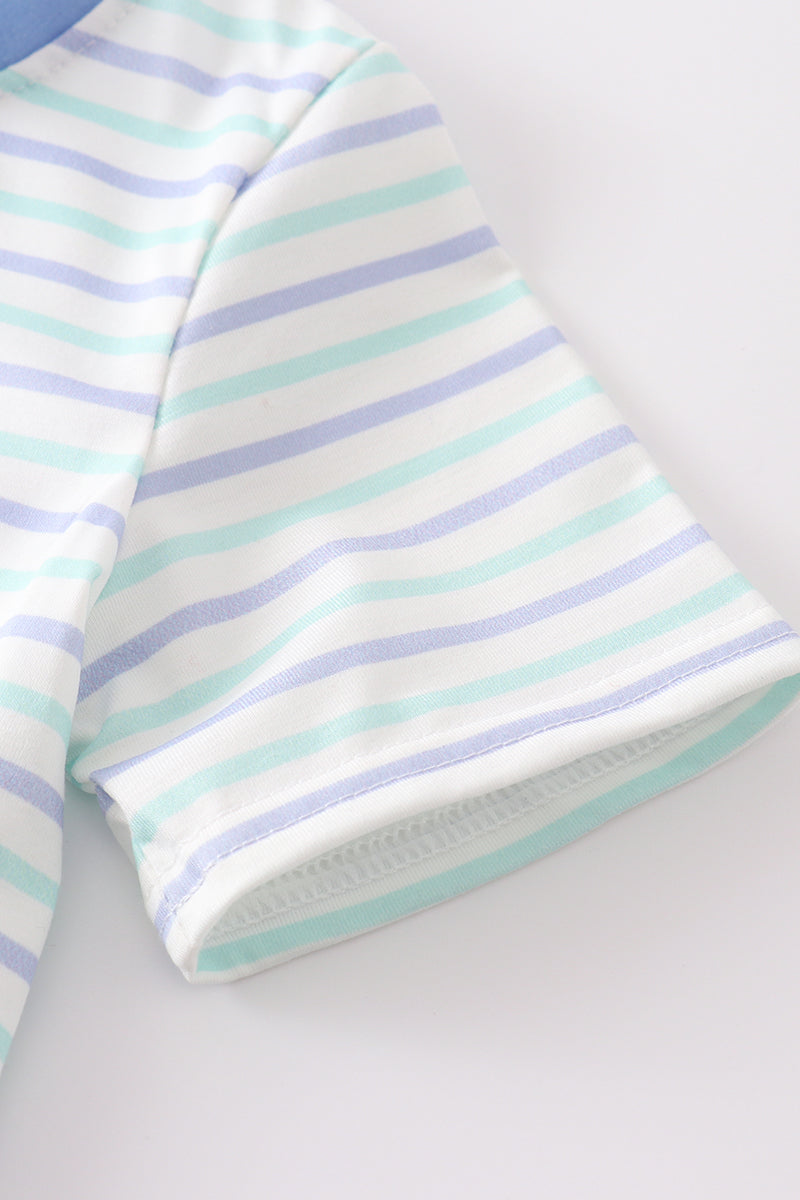 Blue plane applique stripe boy set