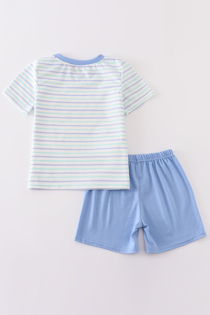 Blue plane applique stripe boy set