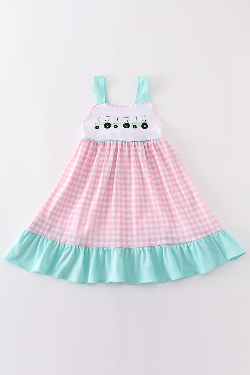 Pink tractor embroidery plaid dress