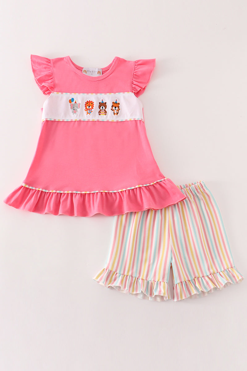 Pink animals birthday embroidery girl set