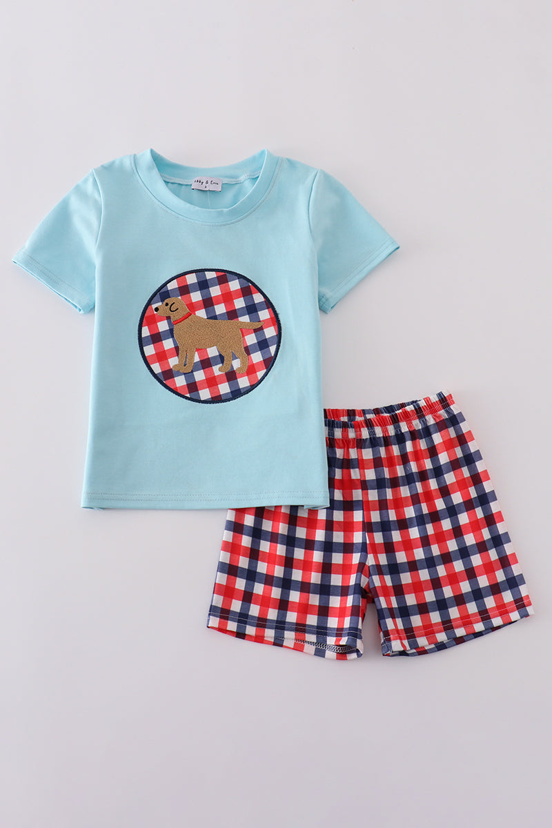 Blue puppy gingham applique shorts set