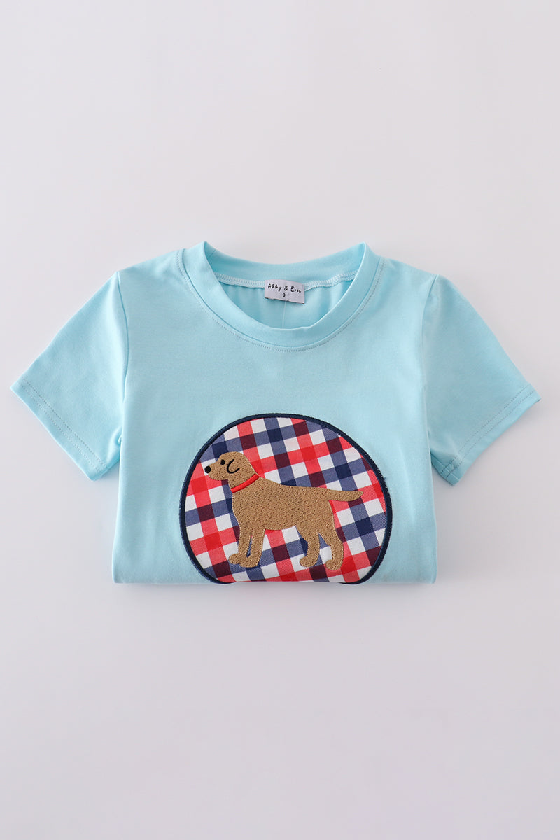 Blue puppy gingham applique shorts set