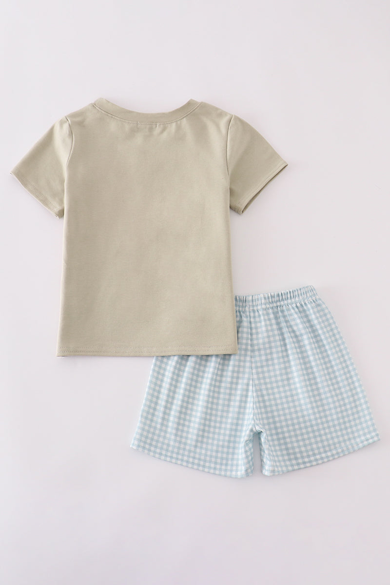 Green farm windmill embroidery shorts set