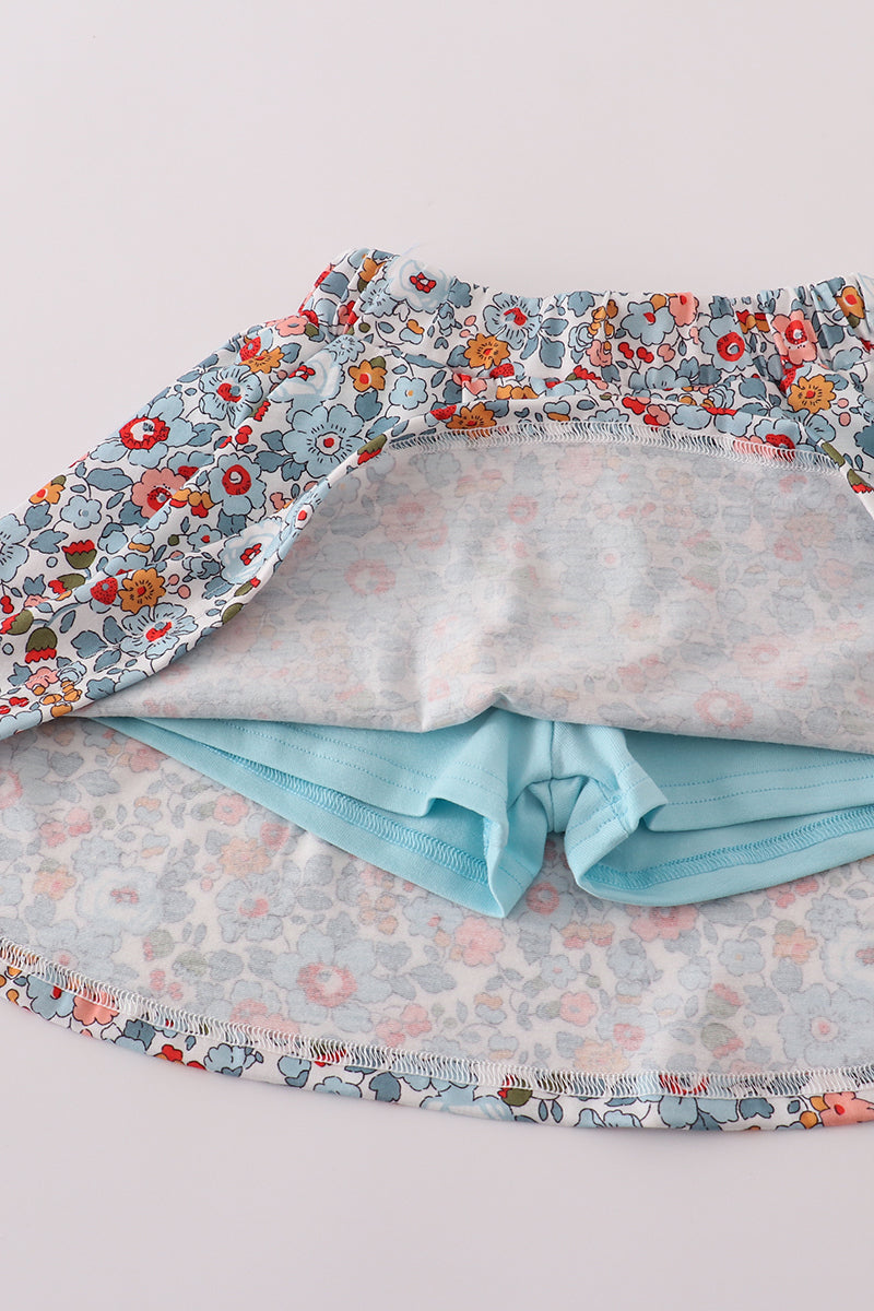 Blue floral bow applique active skorts set