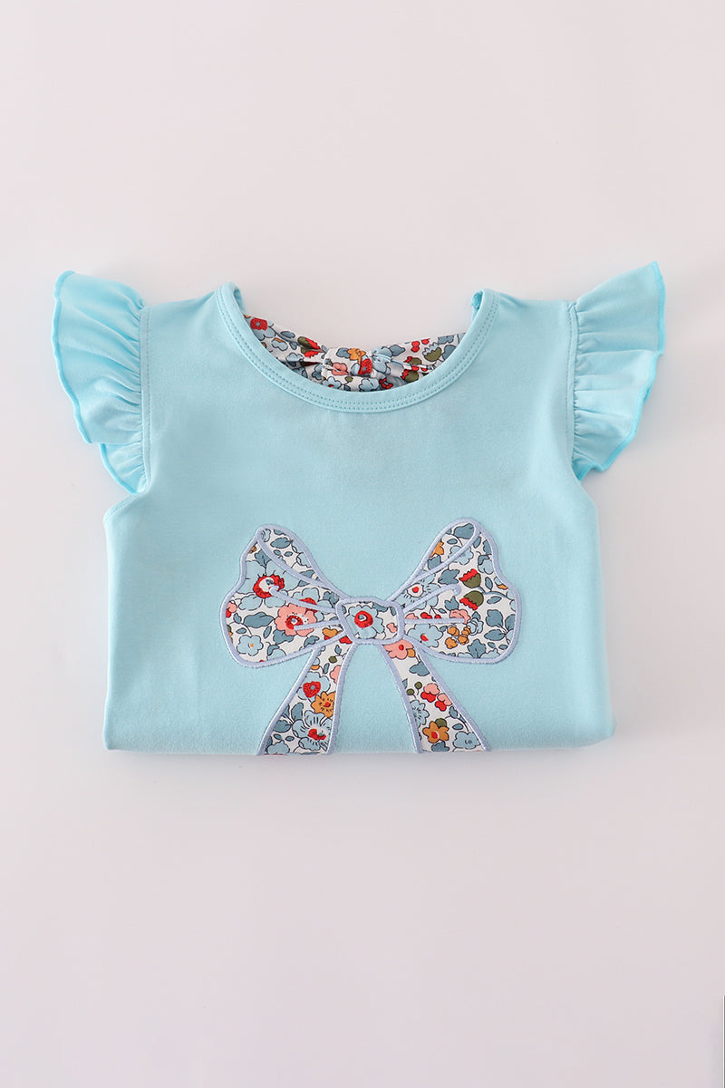 Blue floral bow applique active skorts set