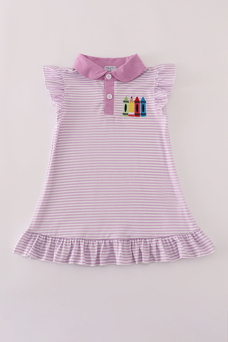 Purple stripe crayon applique ruffle button down dress