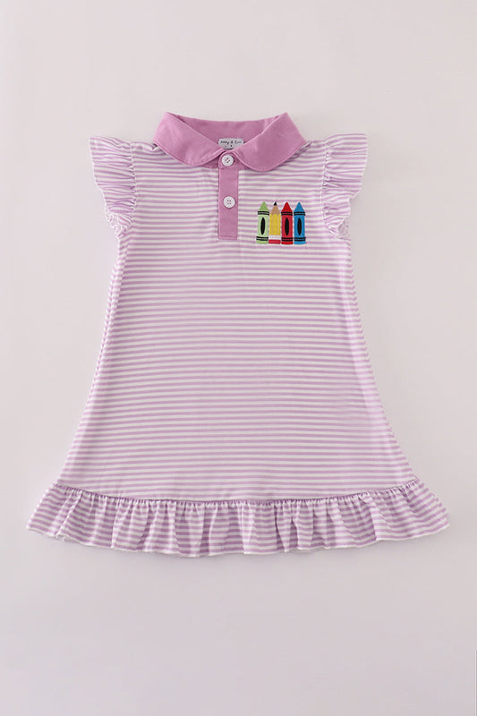 Purple stripe crayon applique ruffle button down dress
