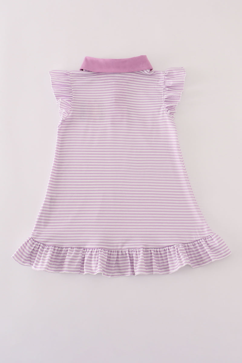 Purple stripe crayon applique ruffle button down dress