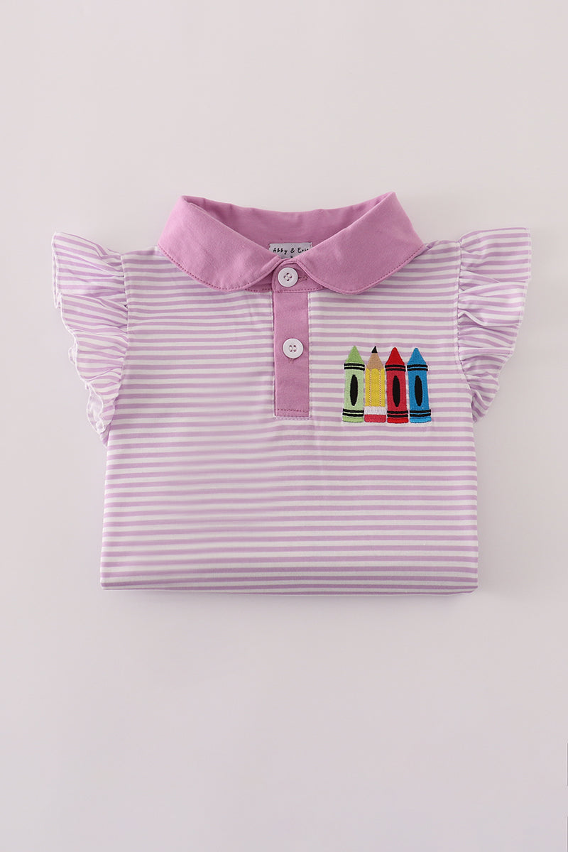 Purple stripe crayon applique ruffle button down dress