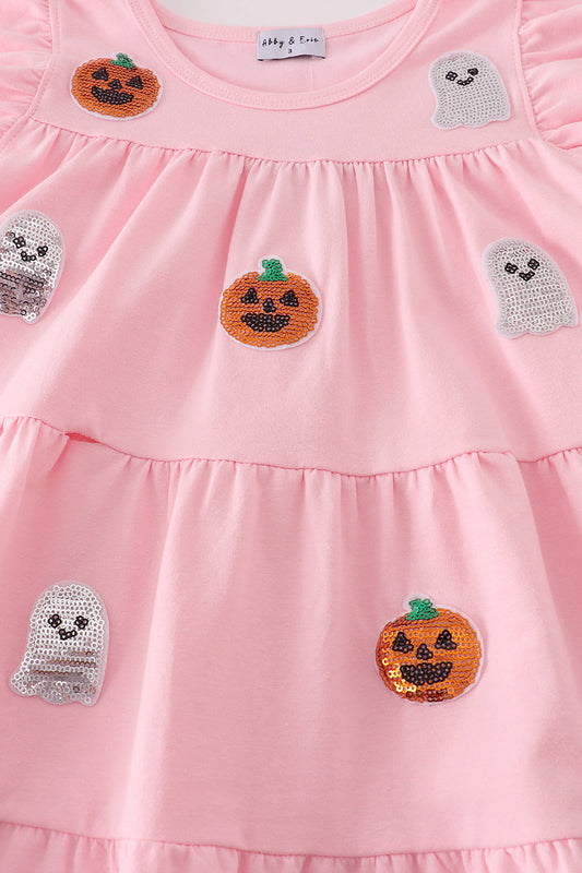 Pink ghost pumpkin sequin ruffle dress
