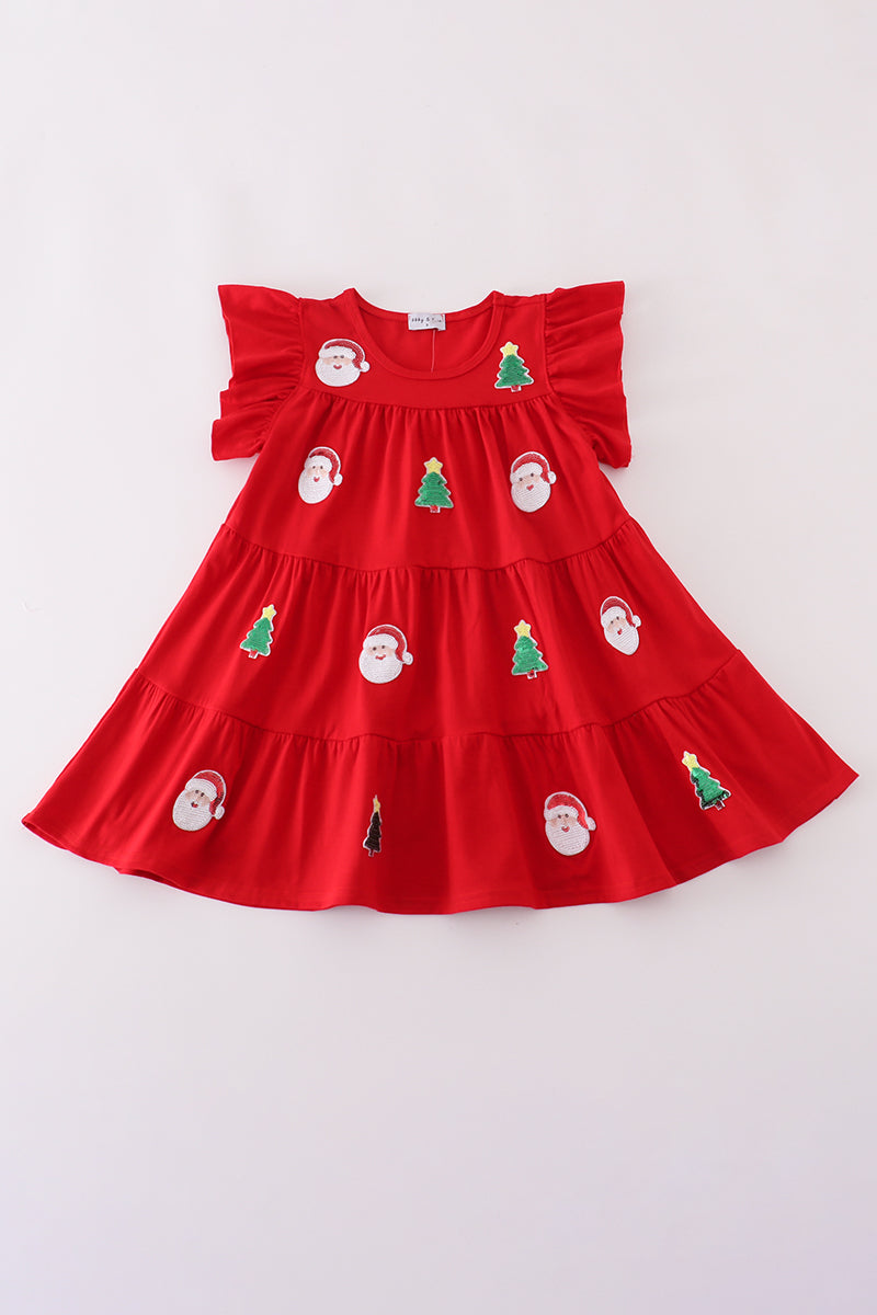 Red tree santa claus sequin tiered ruffle dress