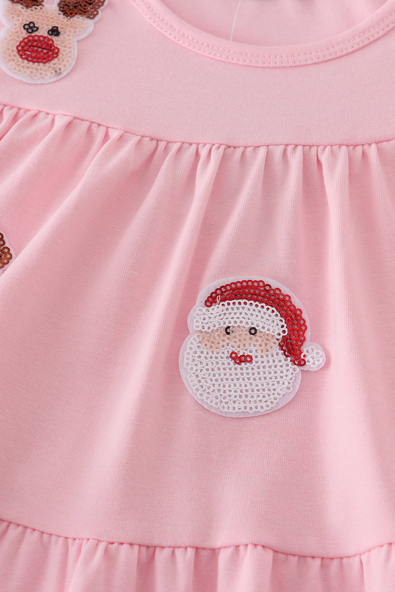 Pink santa claus reindeer sequin tiered ruffle dress