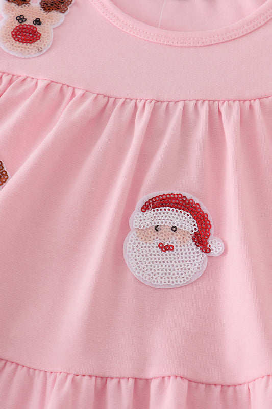 Pink santa claus reindeer sequin tiered ruffle dress