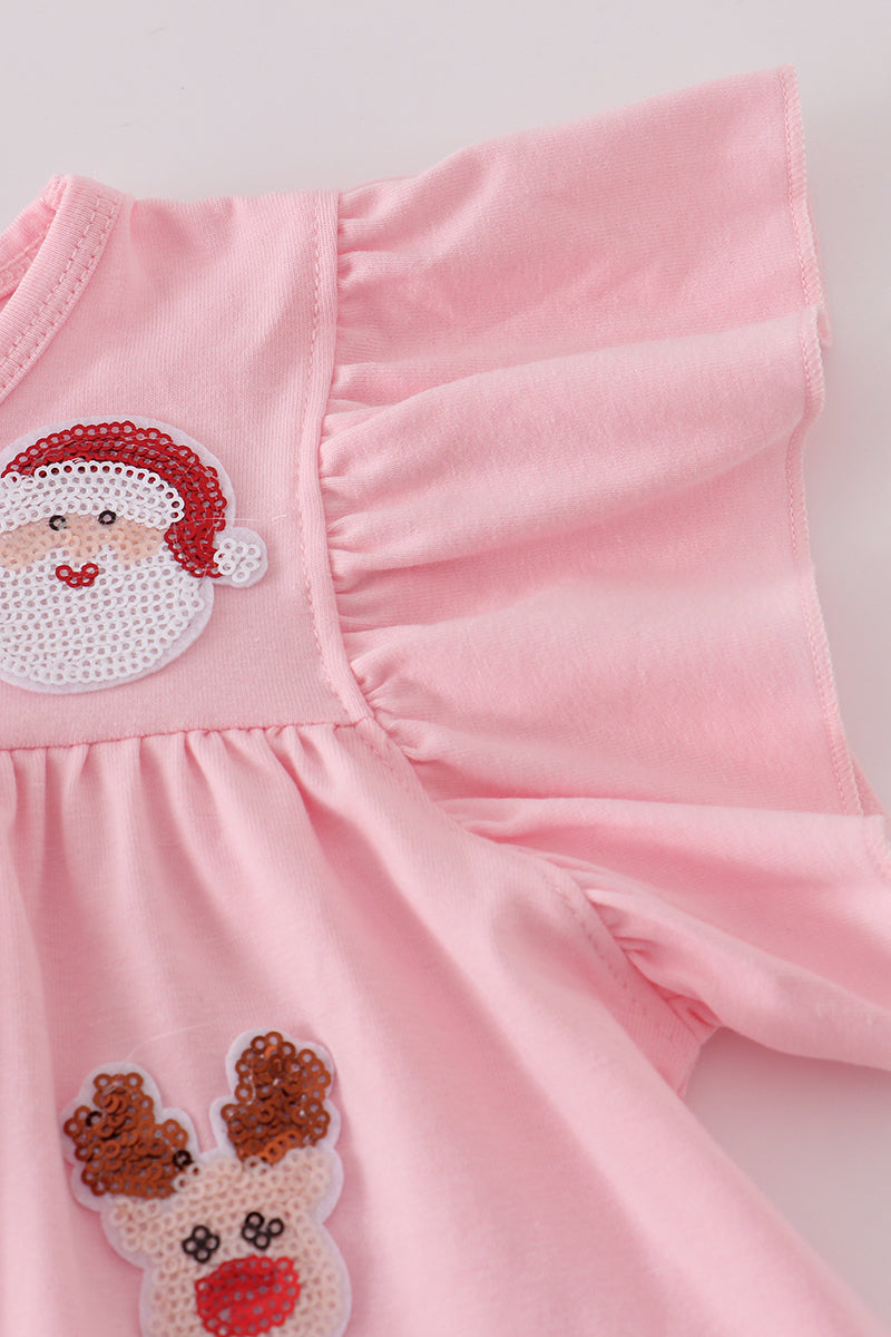 Pink santa claus reindeer sequin tiered ruffle dress