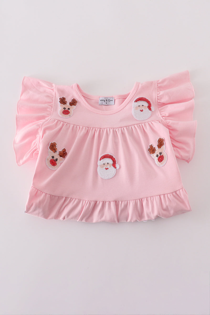 Pink santa claus reindeer sequin tiered ruffle dress