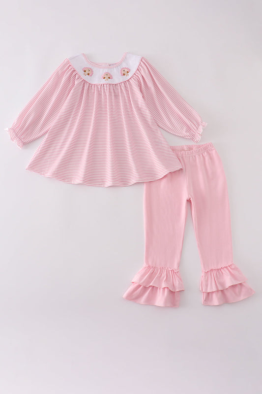 Pink turkey embroidery stripe ruffle pants set