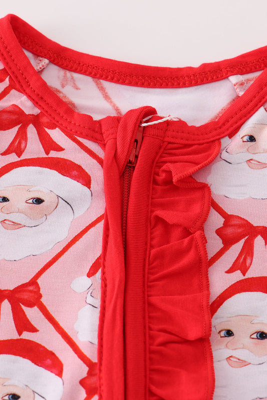 Red santa claus print bamboo pajamas ruffle romper