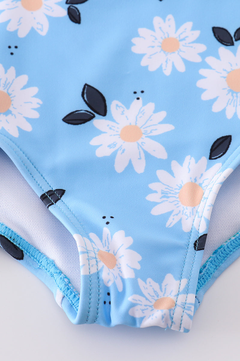 Blue daisy print one-piece girl swimsuit UPF50+