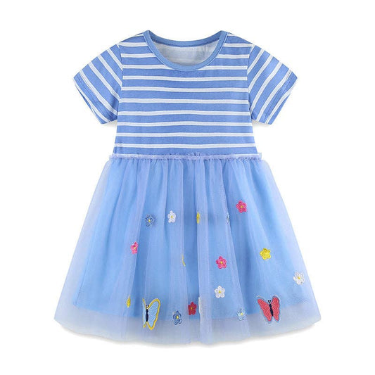 Summer Striped Applique Short Sleeves Blue Tulle Dress